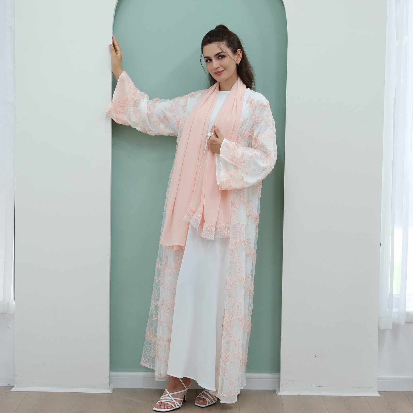 LM6622 3D flower mesh cardigan (optional headscarf and inner layer)