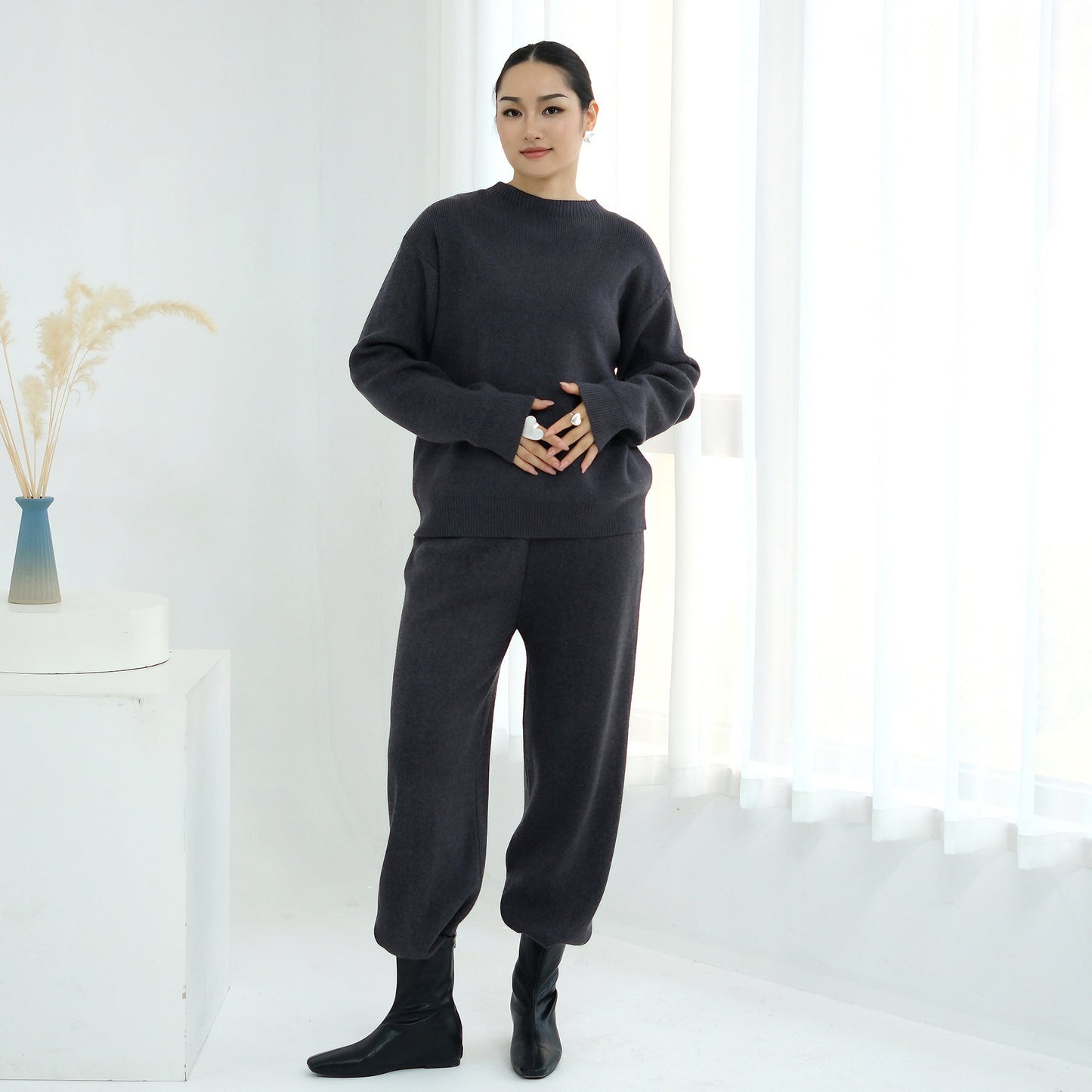 LM6595 Autumn and Winter Thickened Knitted Suit (Not Including Headscarf) | Simple Solid Color Two-Piece Suit
