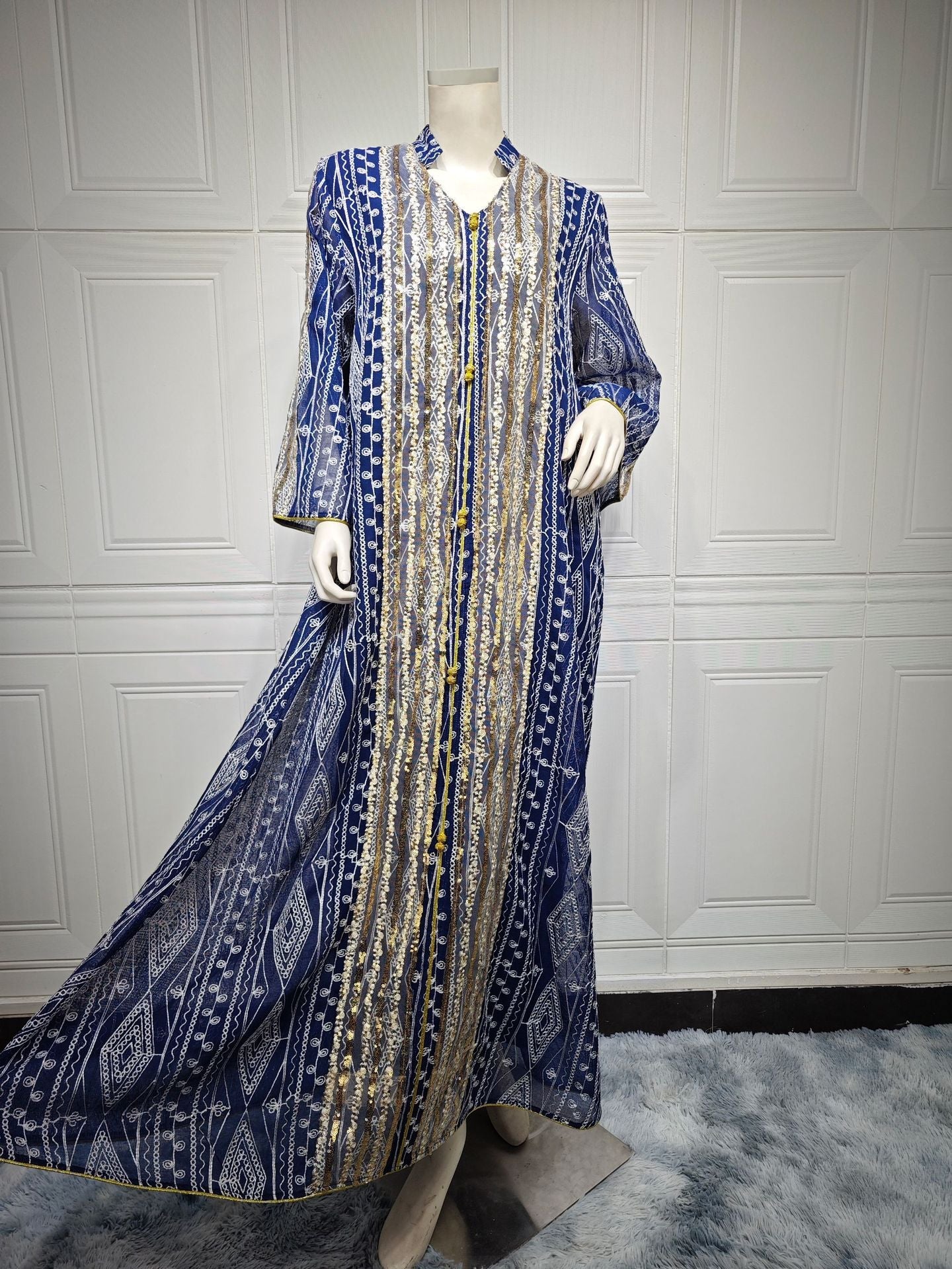 LM6662 Mesh embroidery sequin patchwork long-sleeved dress, loose robe style