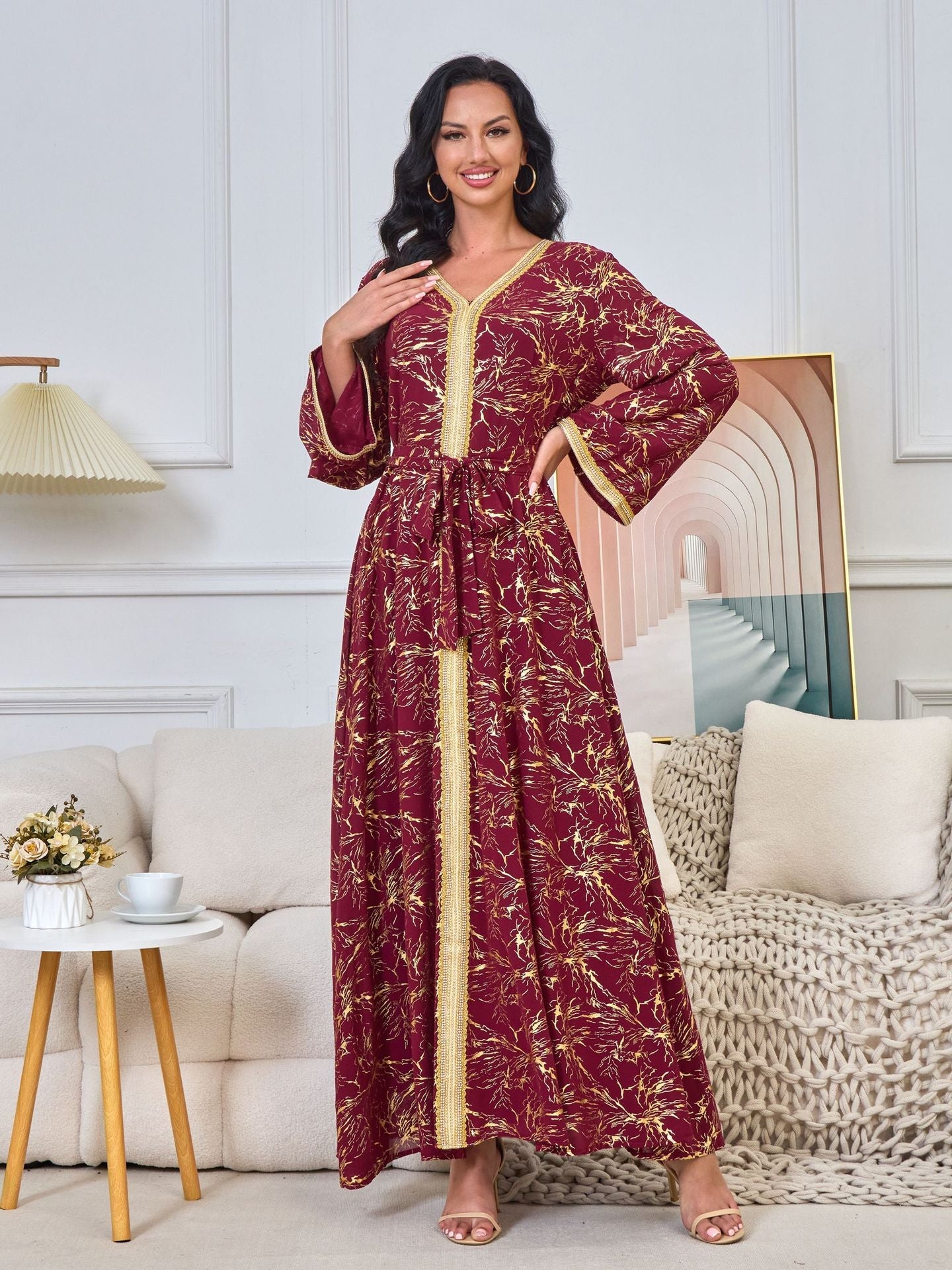 HS6731 V-neck gold-embroidered robe maxi dress