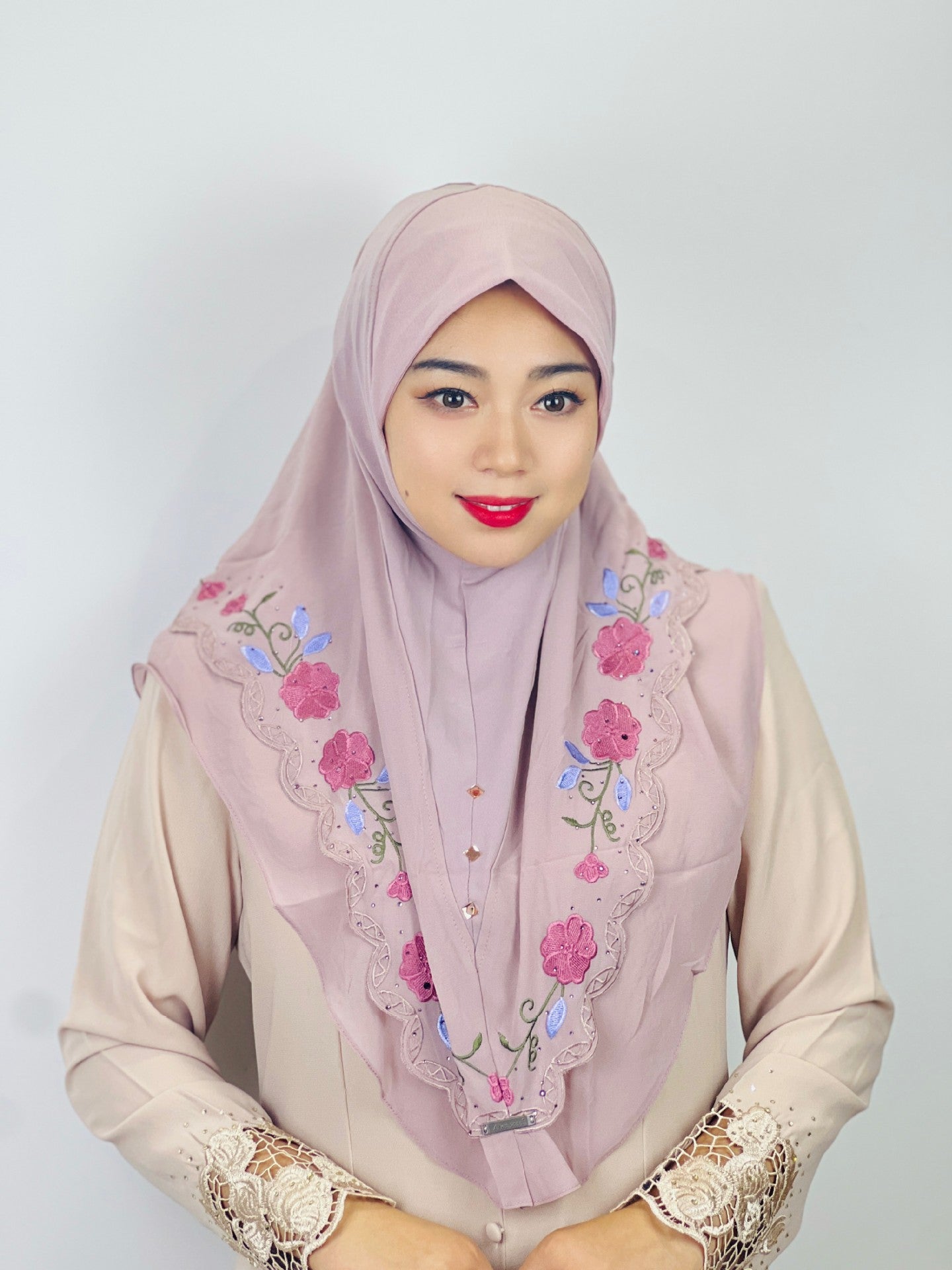 LUMAYA LM1105 Double Layered Floral Embroidered Lace Headscarf for Women