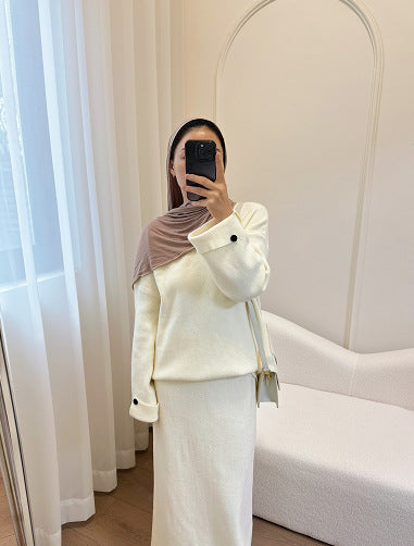 LM6597 Autumn and winter thickened knitted suit solid color two-piece suit (excluding headscarf) top + skirt