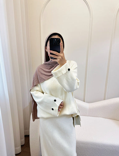 LM6597 Autumn and winter thickened knitted suit solid color two-piece suit (excluding headscarf) top + skirt