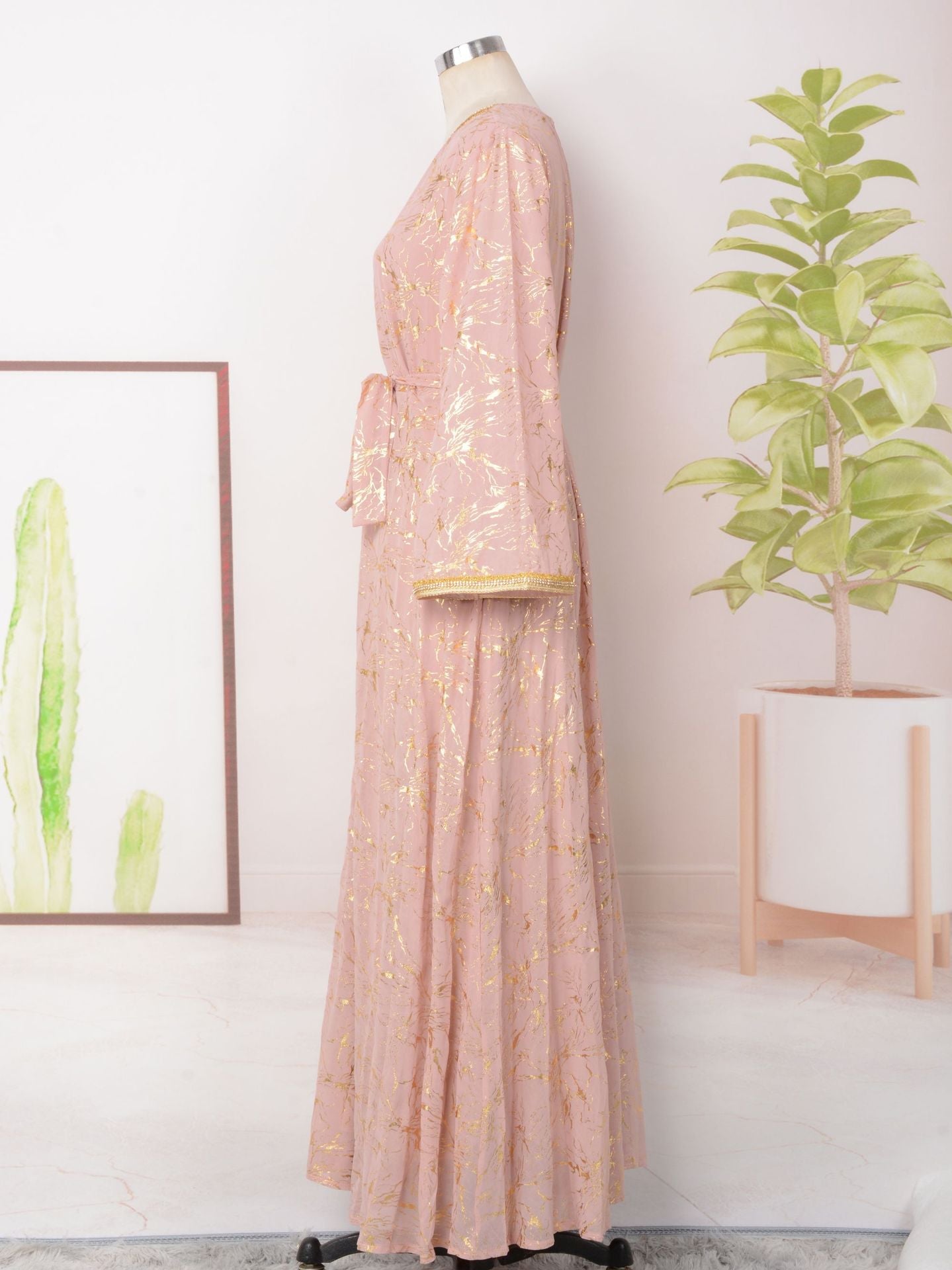 HS6731 V-neck gold-embroidered robe maxi dress