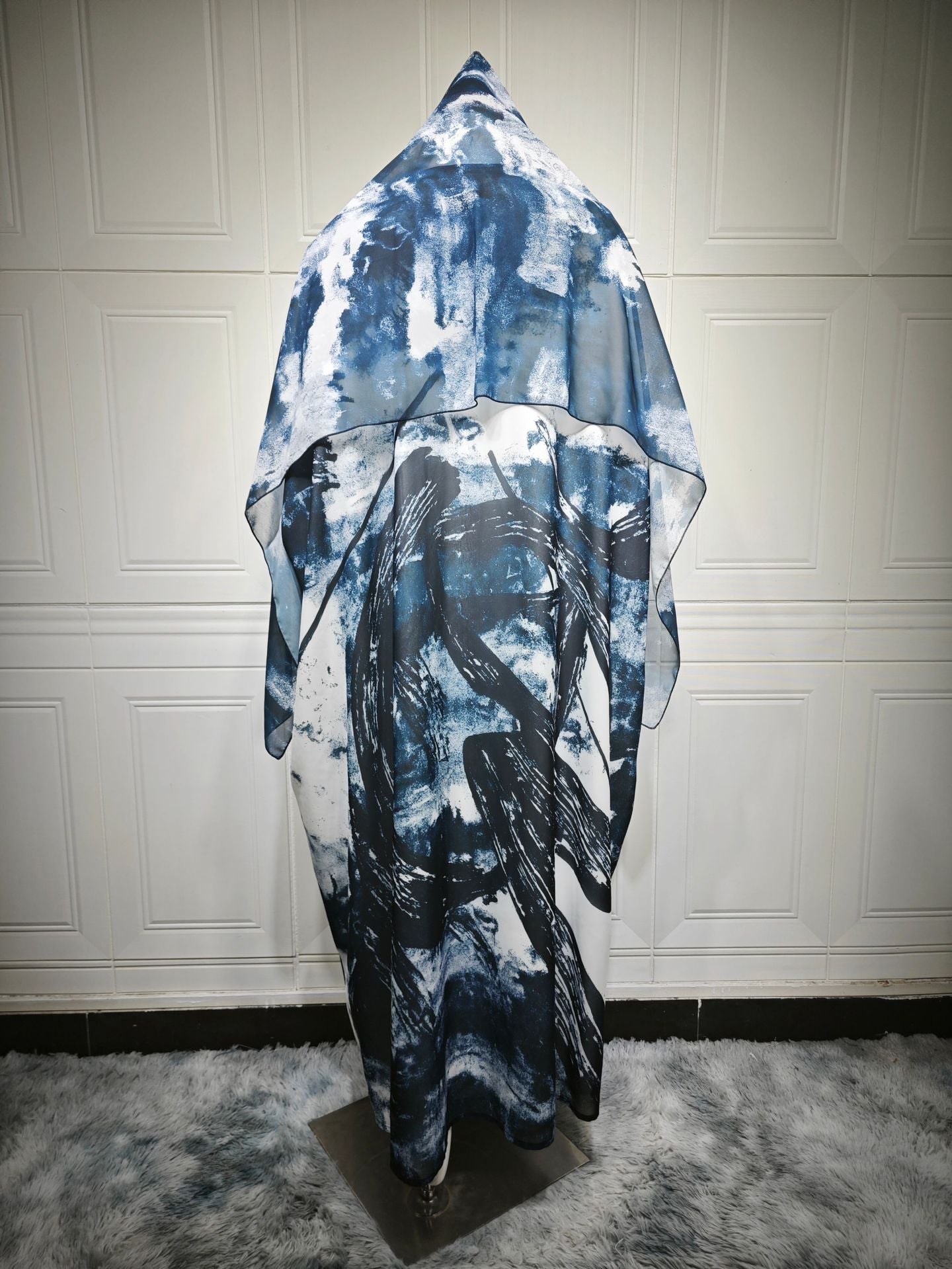 LM6638 Chiffon Printed Cardigan Two-piece Long Coat with Headscarf