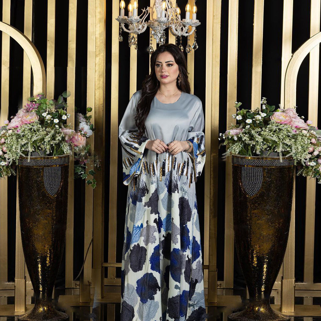 LM6665 Sequined, loose-fitting long dress with print and sequin design.