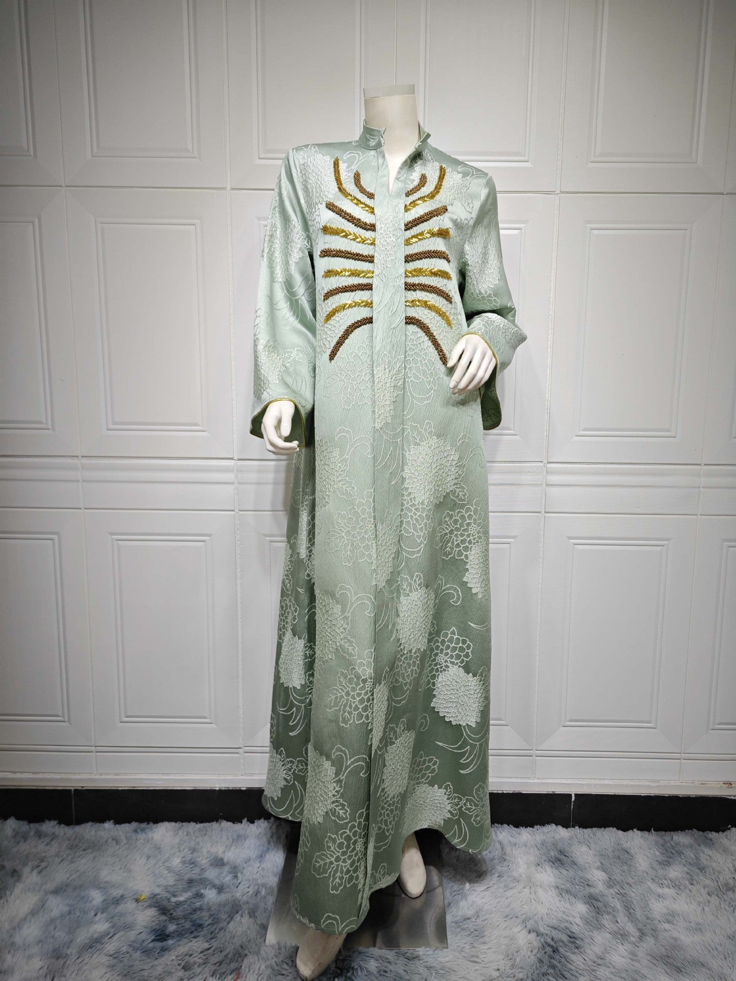 LM6656 V-neck jacquard beaded dress with elegant three-dimensional texture design