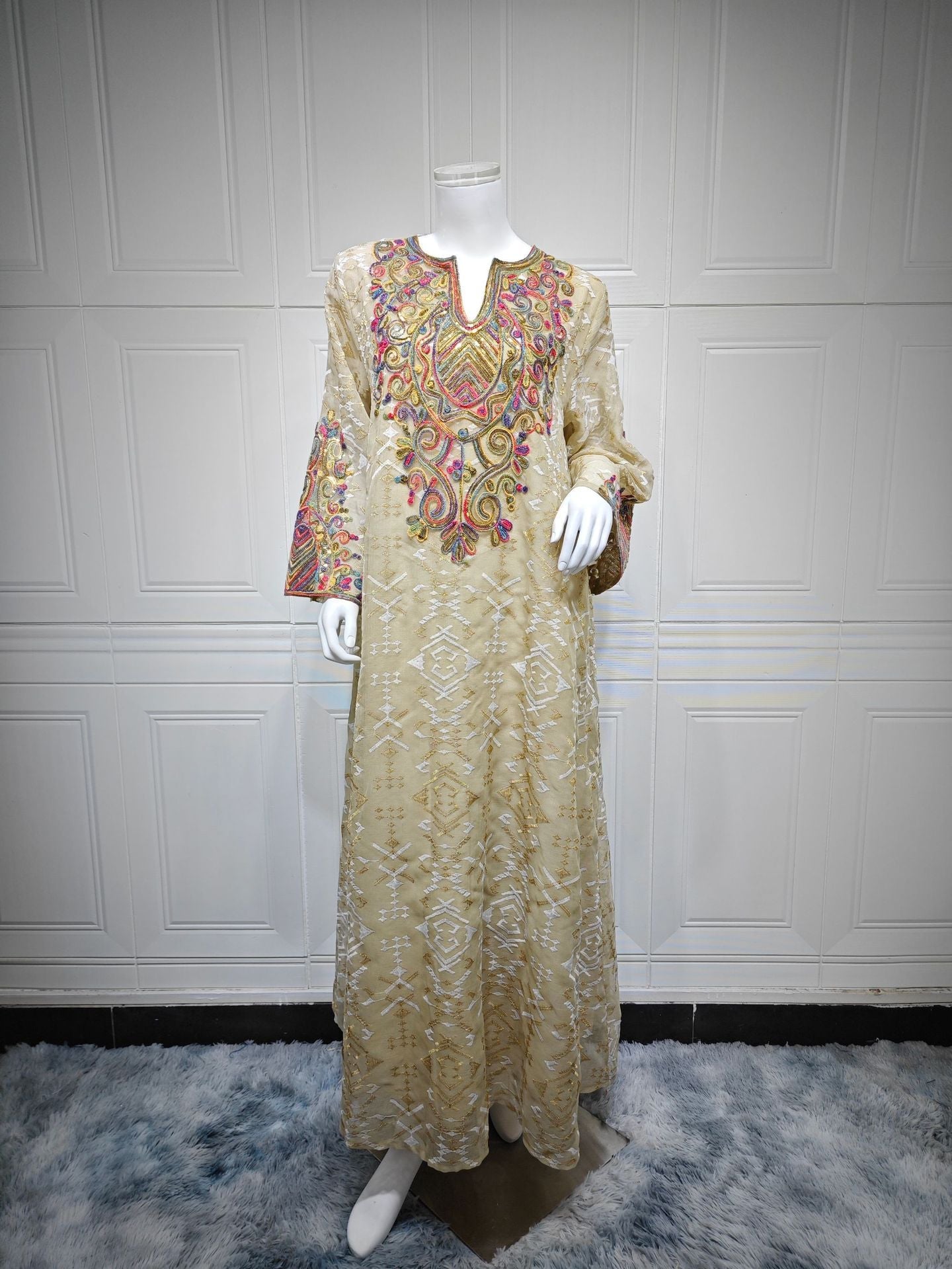 LM6663 Mesh Embroidery Patchwork Long-sleeved Dress, Robe-style Loose Fit