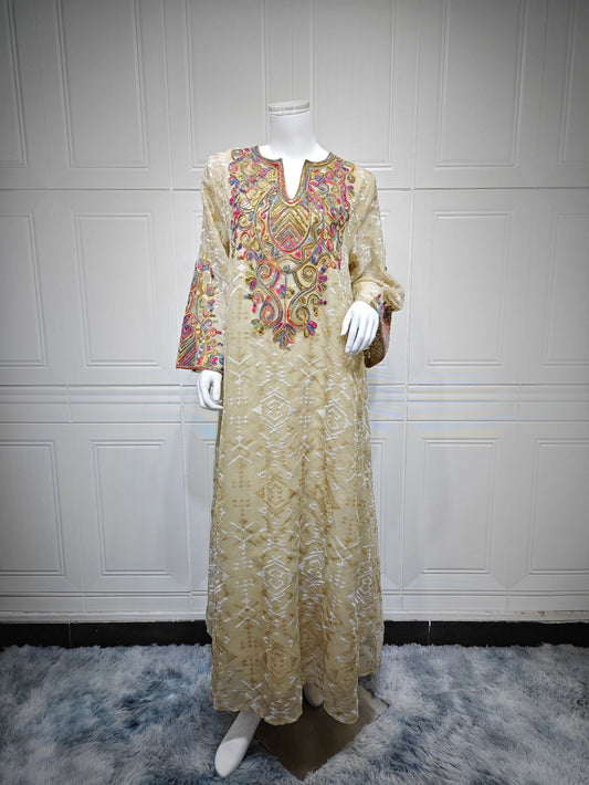 LM6663 Mesh Embroidery Patchwork Long-sleeved Dress, Robe-style Loose Fit