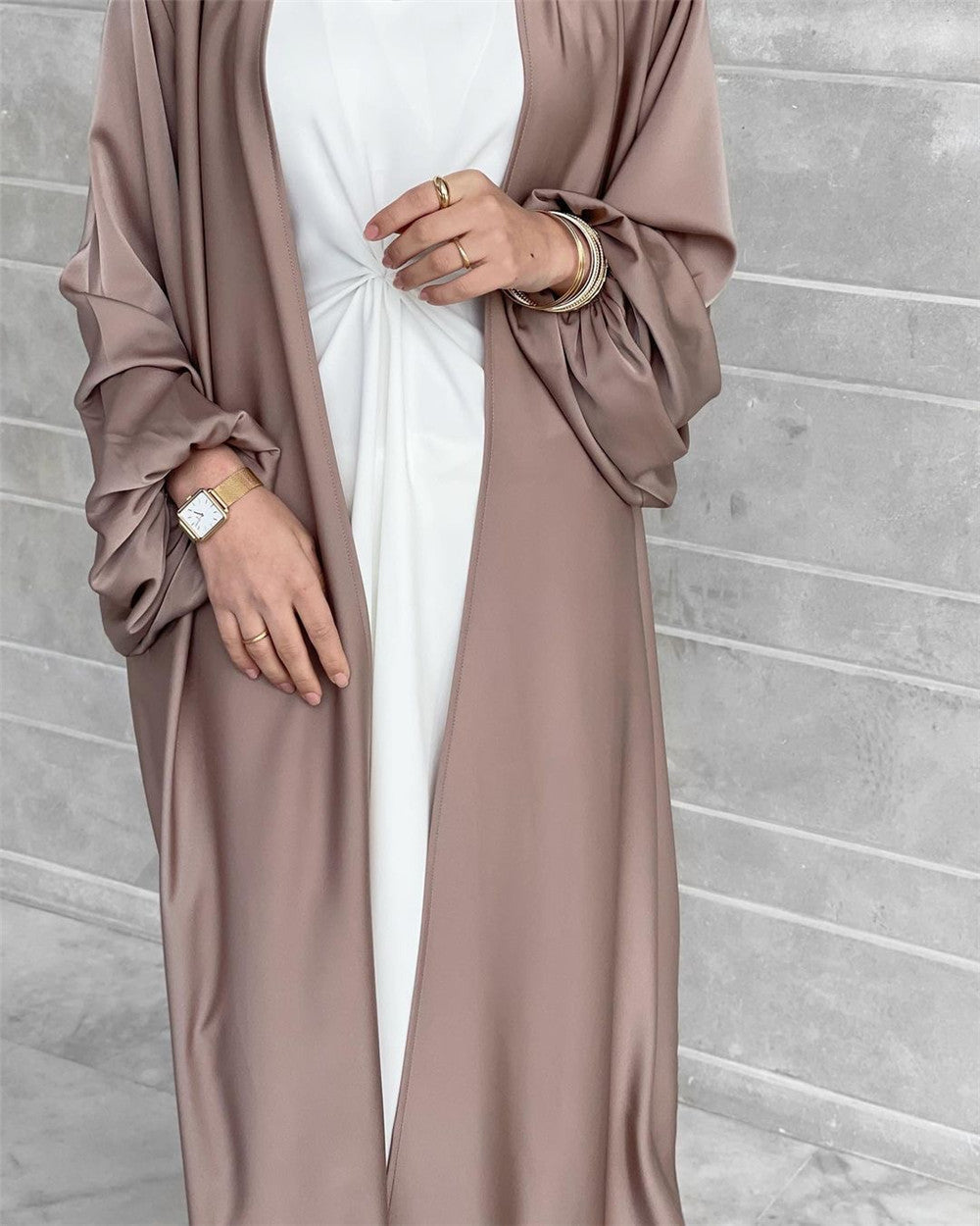 LUMAYA0481 Solid Color Satin Coat Robe Open Abaya