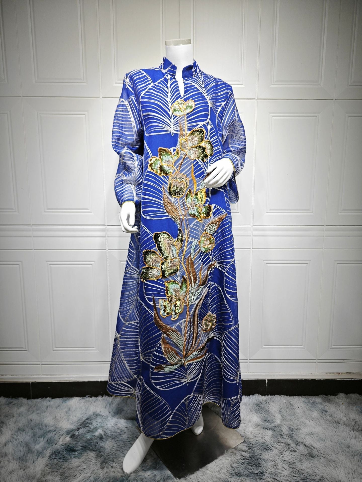 LM6657 Women's Long Robe Dress with Mesh Embroidery