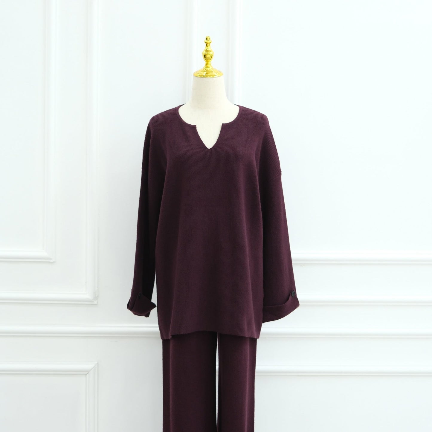 LM6600 Autumn and winter thickened knitted suit solid color two-piece suit (headscarf not included) cuff button design