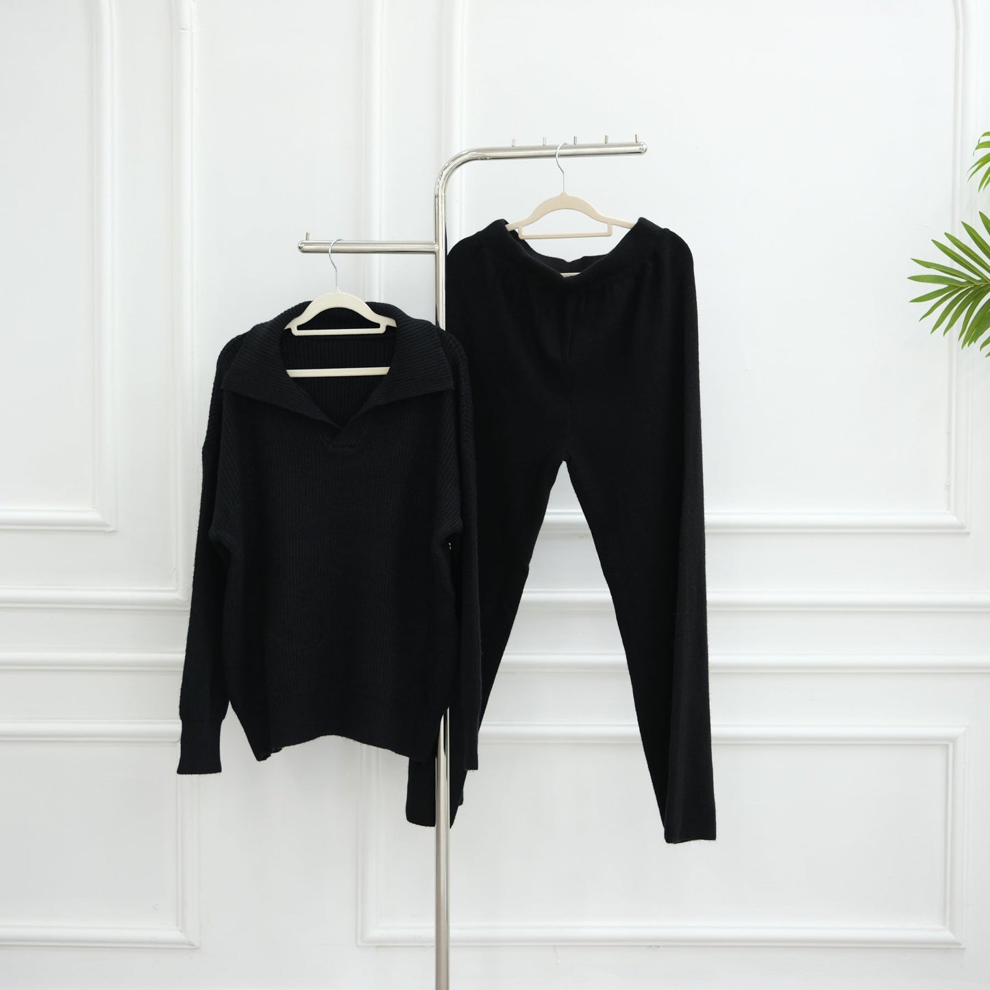 LM6594 Autumn and Winter Thickened Knitted Suit | Simple Solid Color Two-piece Suit