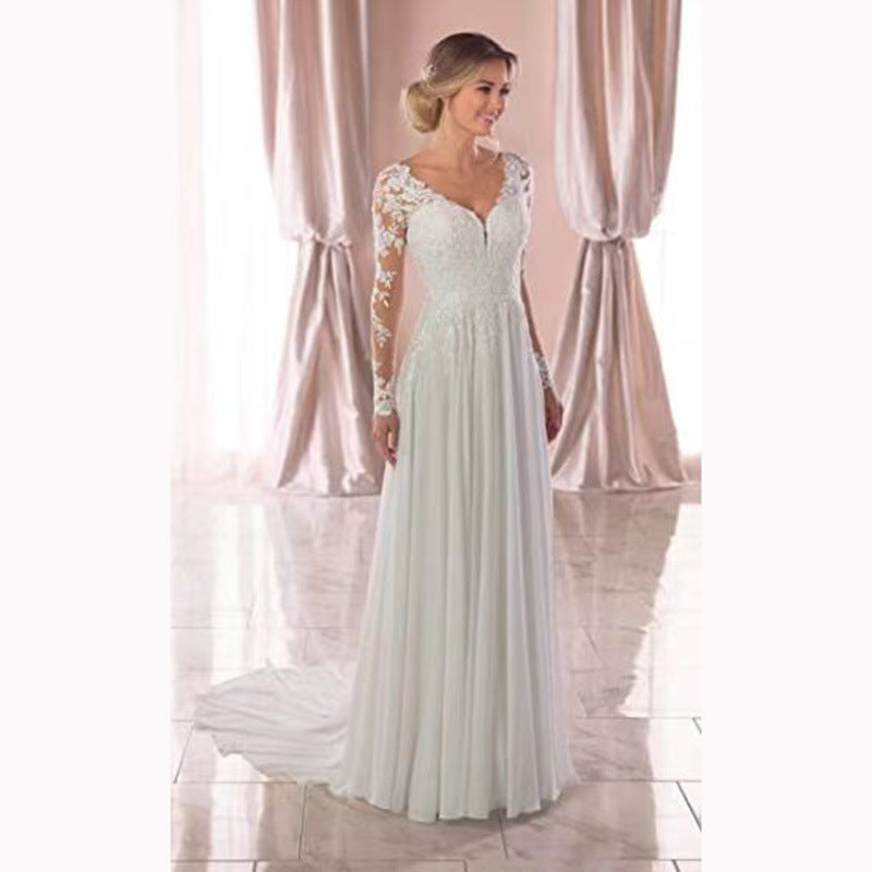 LM3494 trailing V-neck long-sleeved lawn travel backless lace light wedding dress