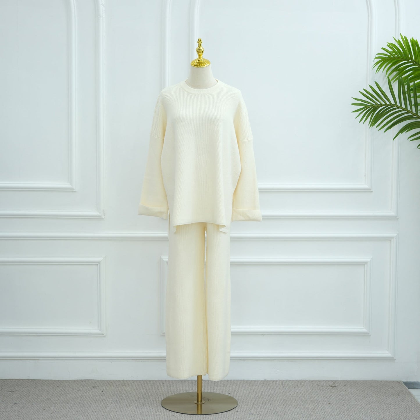 LM6599 Autumn and Winter Thickened Knitted Suit Solid Color Two-piece Suit (excluding Headscarf) Top + Trousers