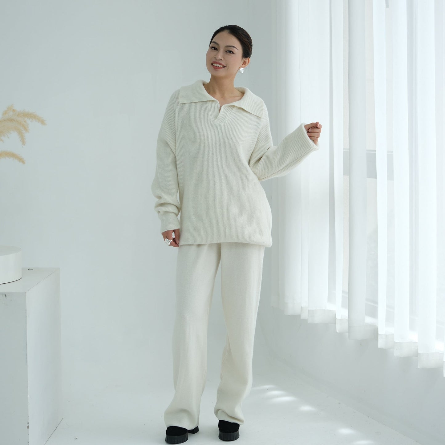 LM6594 Autumn and Winter Thickened Knitted Suit | Simple Solid Color Two-piece Suit
