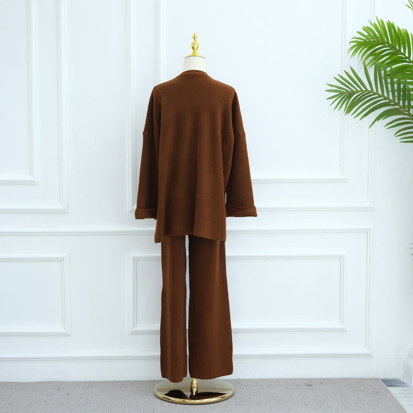 LM6599 Autumn and Winter Thickened Knitted Suit Solid Color Two-piece Suit (excluding Headscarf) Top + Trousers