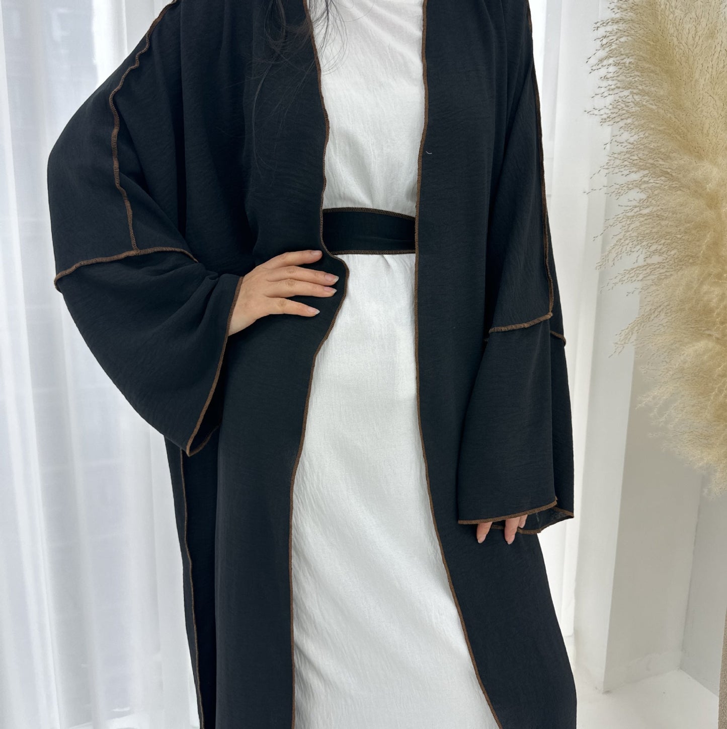 LMSA LM1246H 2 PCS SET Crepe Solid Color Loose Hem Cardigan Robe with Hijab