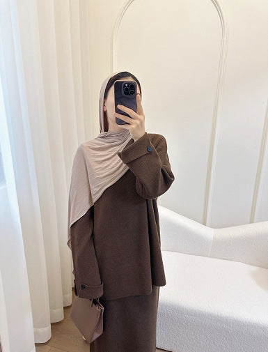 LM6597 Autumn and winter thickened knitted suit solid color two-piece suit (excluding headscarf) top + skirt