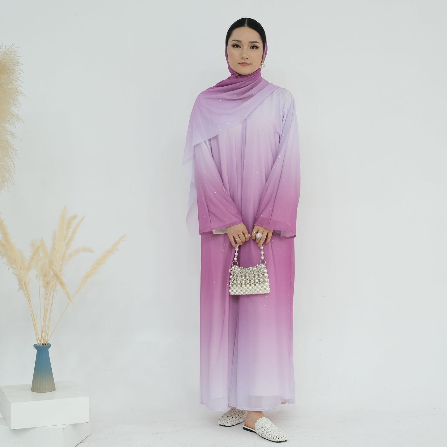 LM6617 Gradient Color Long Cardigan Two-Piece Set (Including Headscarf)