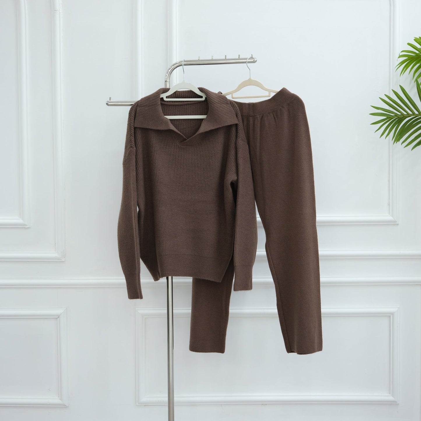 LM6594 Autumn and Winter Thickened Knitted Suit | Simple Solid Color Two-piece Suit