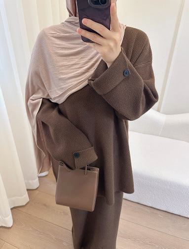 LM6597 Autumn and winter thickened knitted suit solid color two-piece suit (excluding headscarf) top + skirt