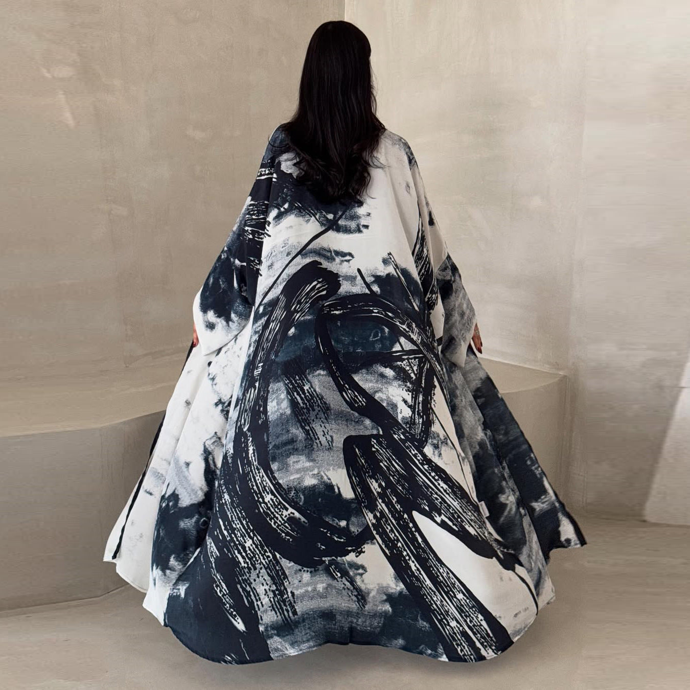LM6638 Chiffon Printed Cardigan Two-piece Long Coat with Headscarf