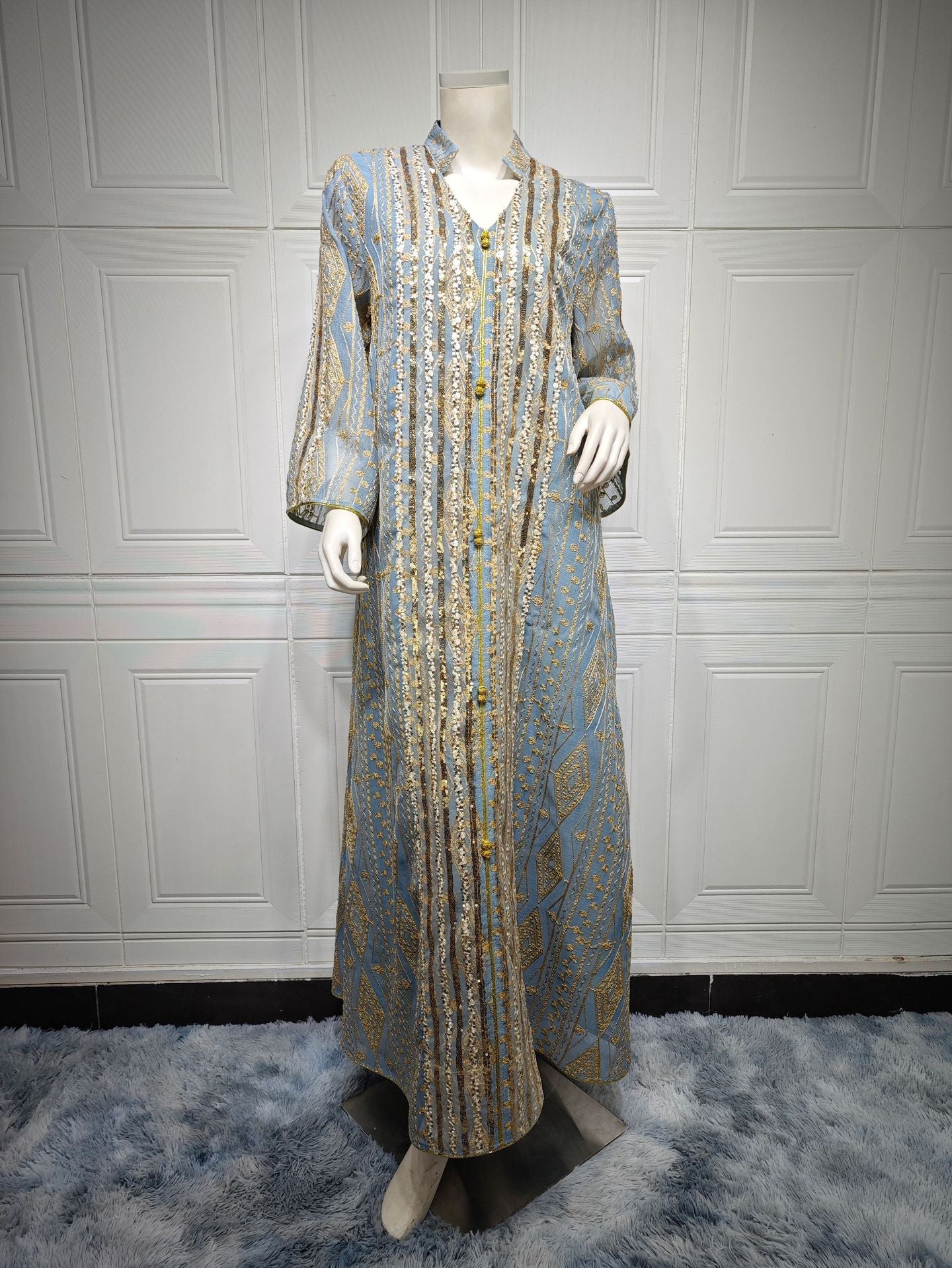 LM6662 Mesh embroidery sequin patchwork long-sleeved dress, loose robe style