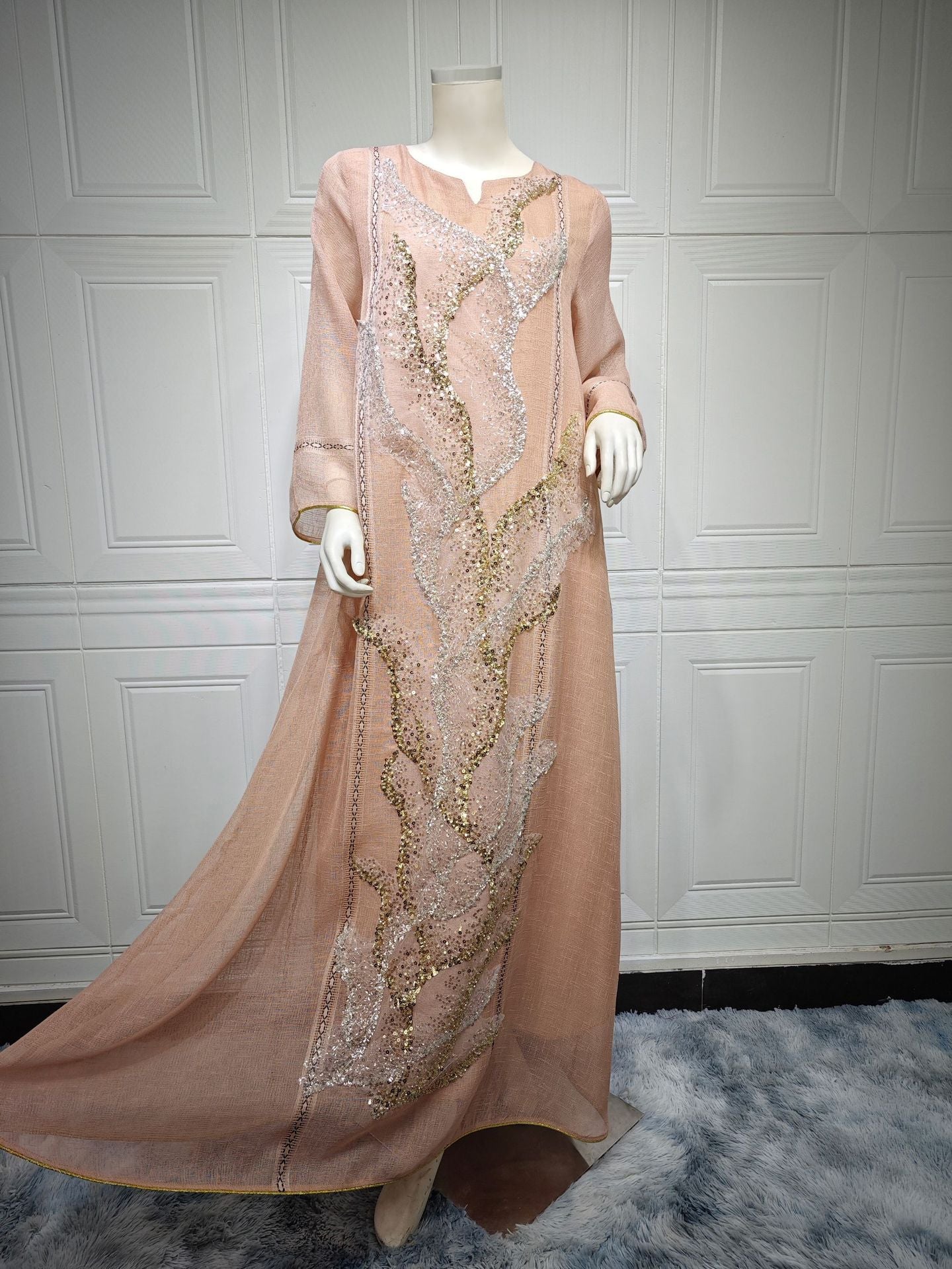 LM6637  Mesh Sequined Embroidered Long Dress