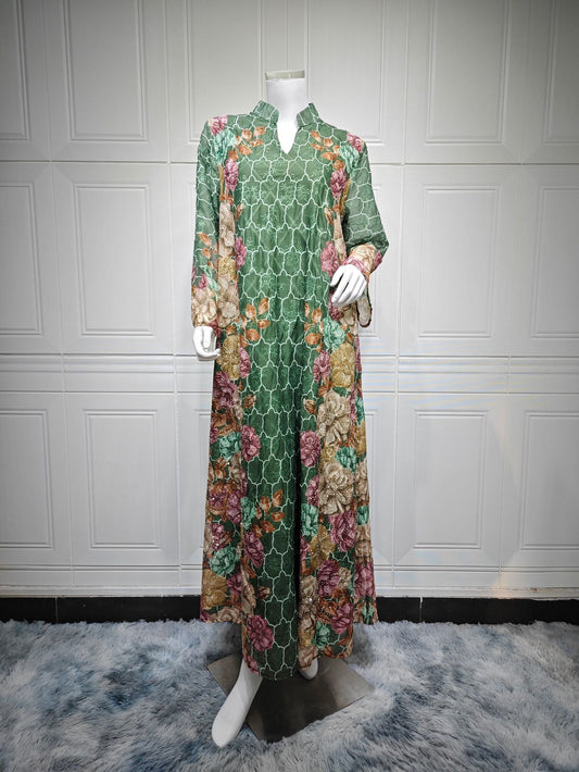 LM6667 Printed Long-sleeved Dress with A Small V-neck Design