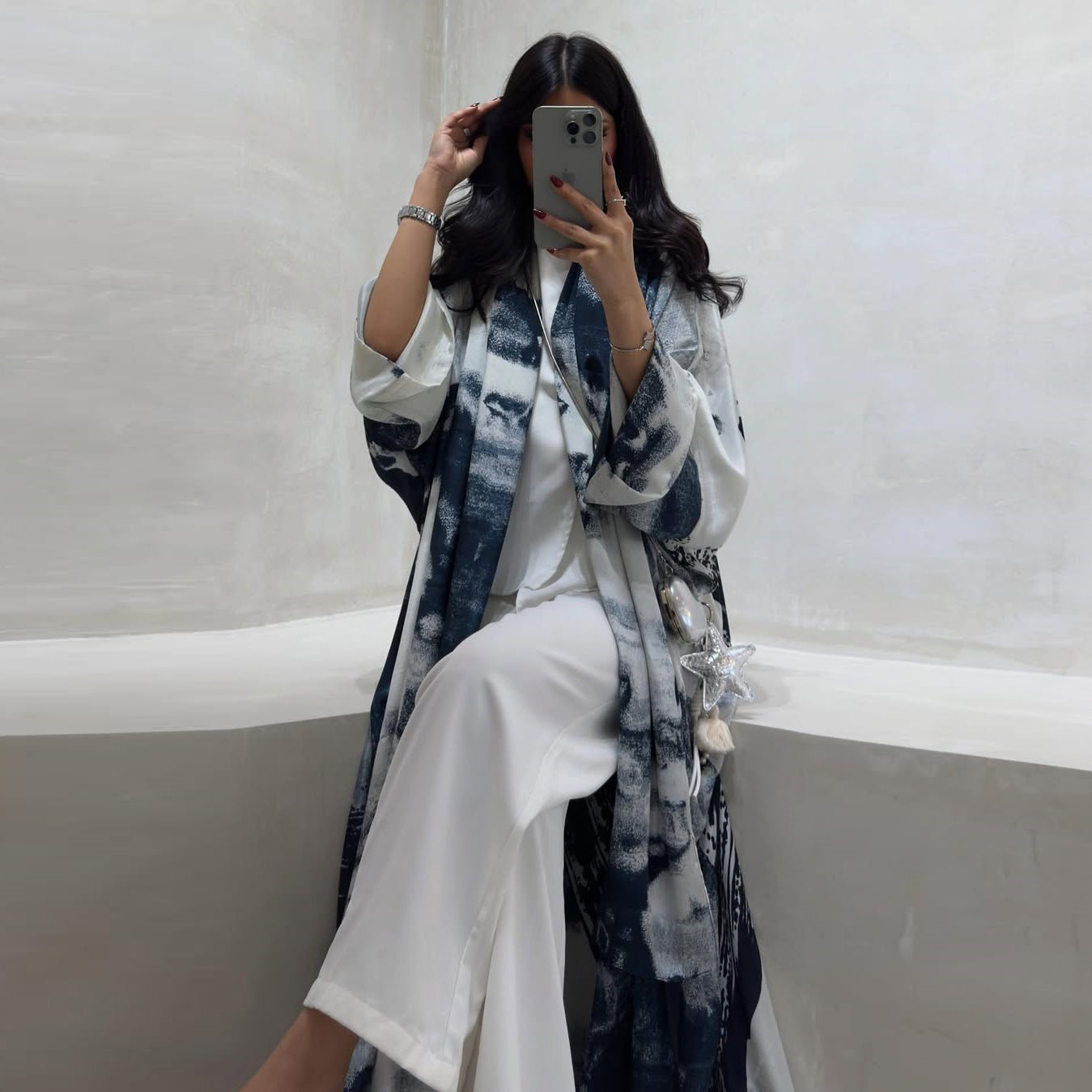 LM6638 Chiffon Printed Cardigan Two-piece Long Coat with Headscarf