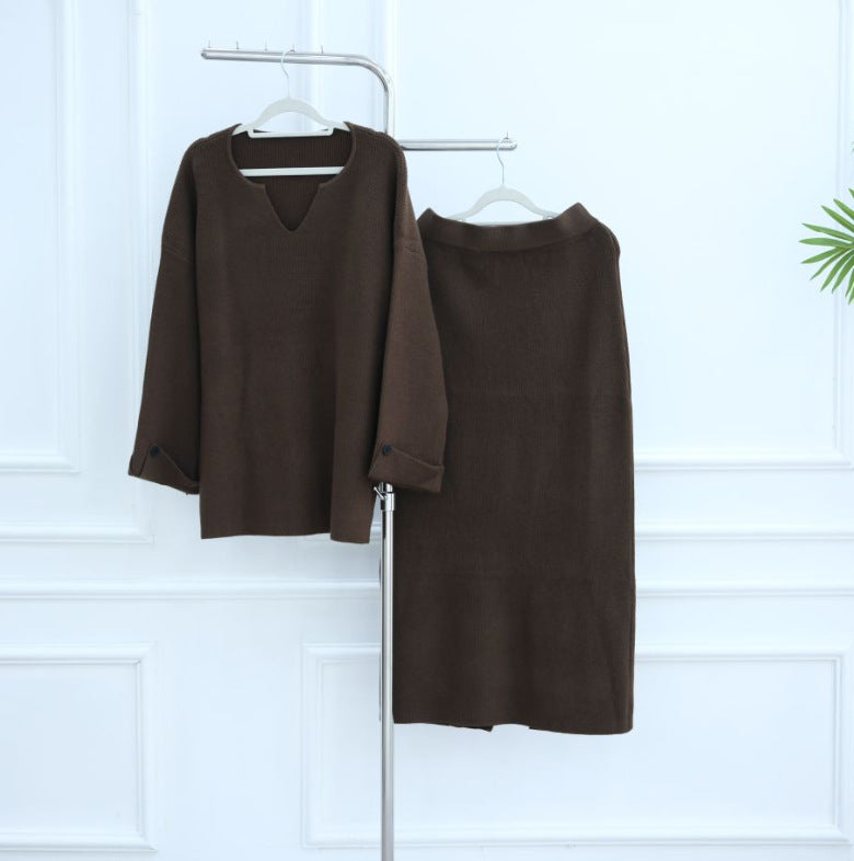 LM6597 Autumn and winter thickened knitted suit solid color two-piece suit (excluding headscarf) top + skirt