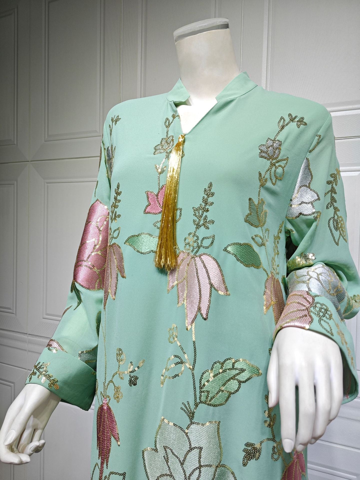 LM6649 Sequined Embroidered Tassel Long Robe, Elegant and Sophisticated Dress