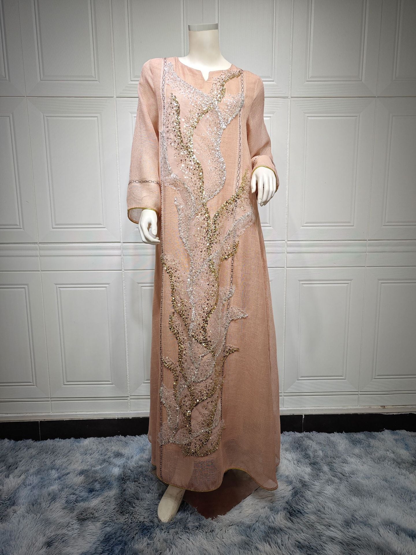 LM6637  Mesh Sequined Embroidered Long Dress