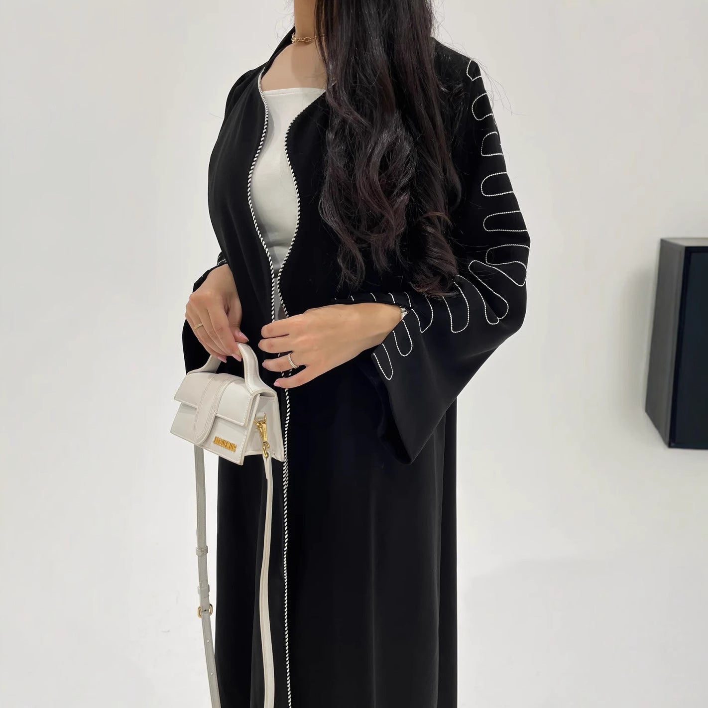 LM6582 Abaya Long Embroidered Wavy Edge Cardigan