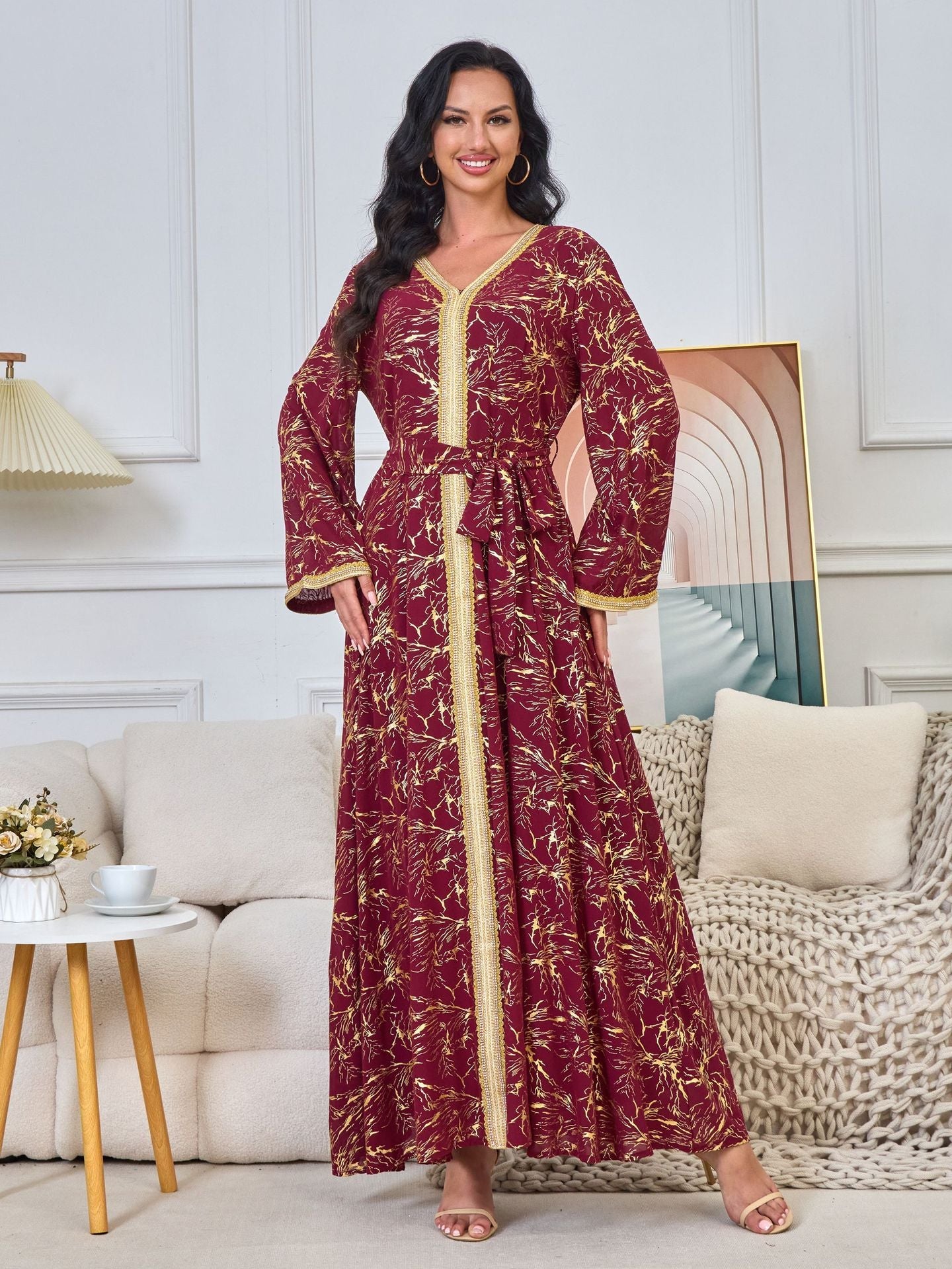 HS6731 V-neck gold-embroidered robe maxi dress