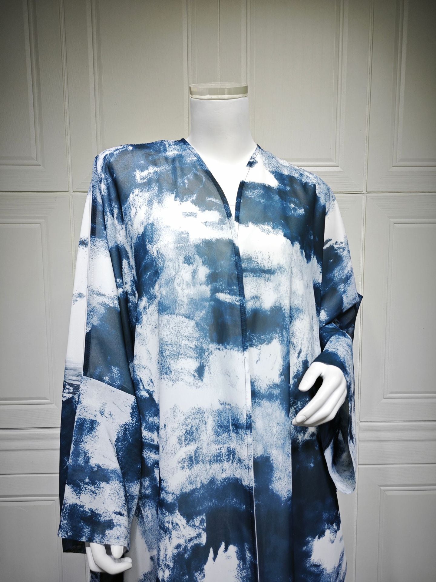 LM6638 Chiffon Printed Cardigan Two-piece Long Coat with Headscarf
