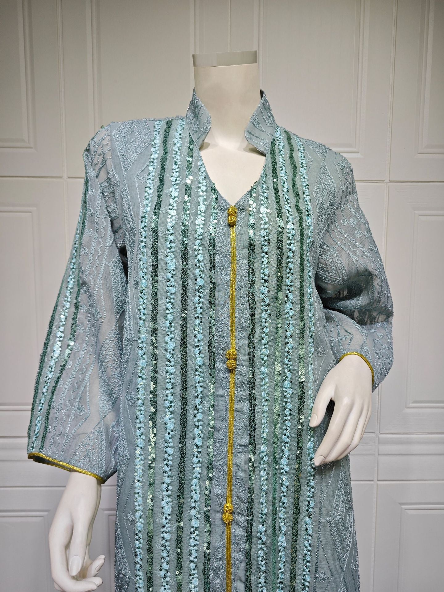LM6662 Mesh embroidery sequin patchwork long-sleeved dress, loose robe style