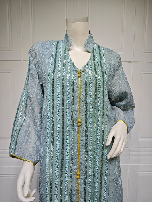 LM6662 Mesh embroidery sequin patchwork long-sleeved dress, loose robe style
