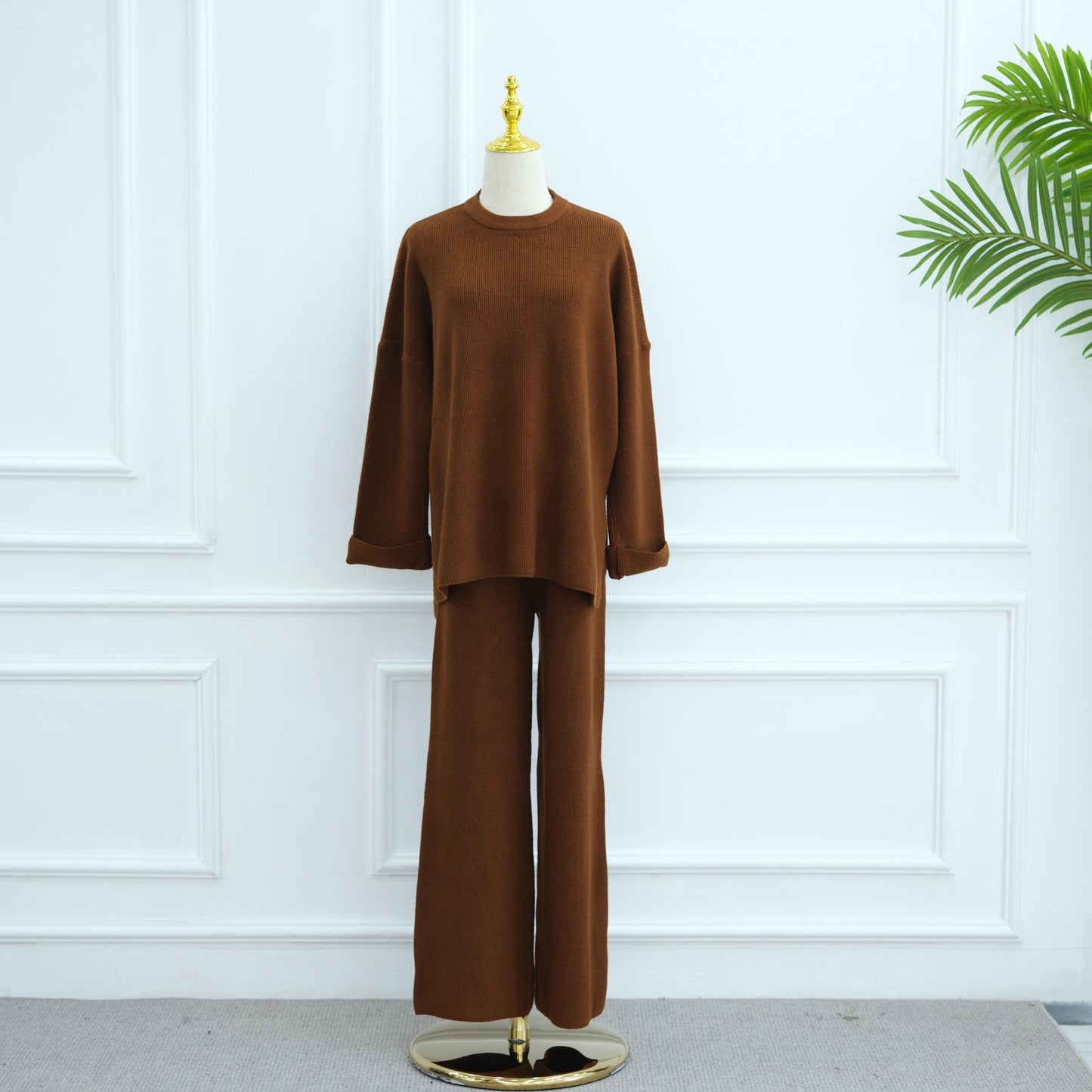 LM6599 Autumn and Winter Thickened Knitted Suit Solid Color Two-piece Suit (excluding Headscarf) Top + Trousers