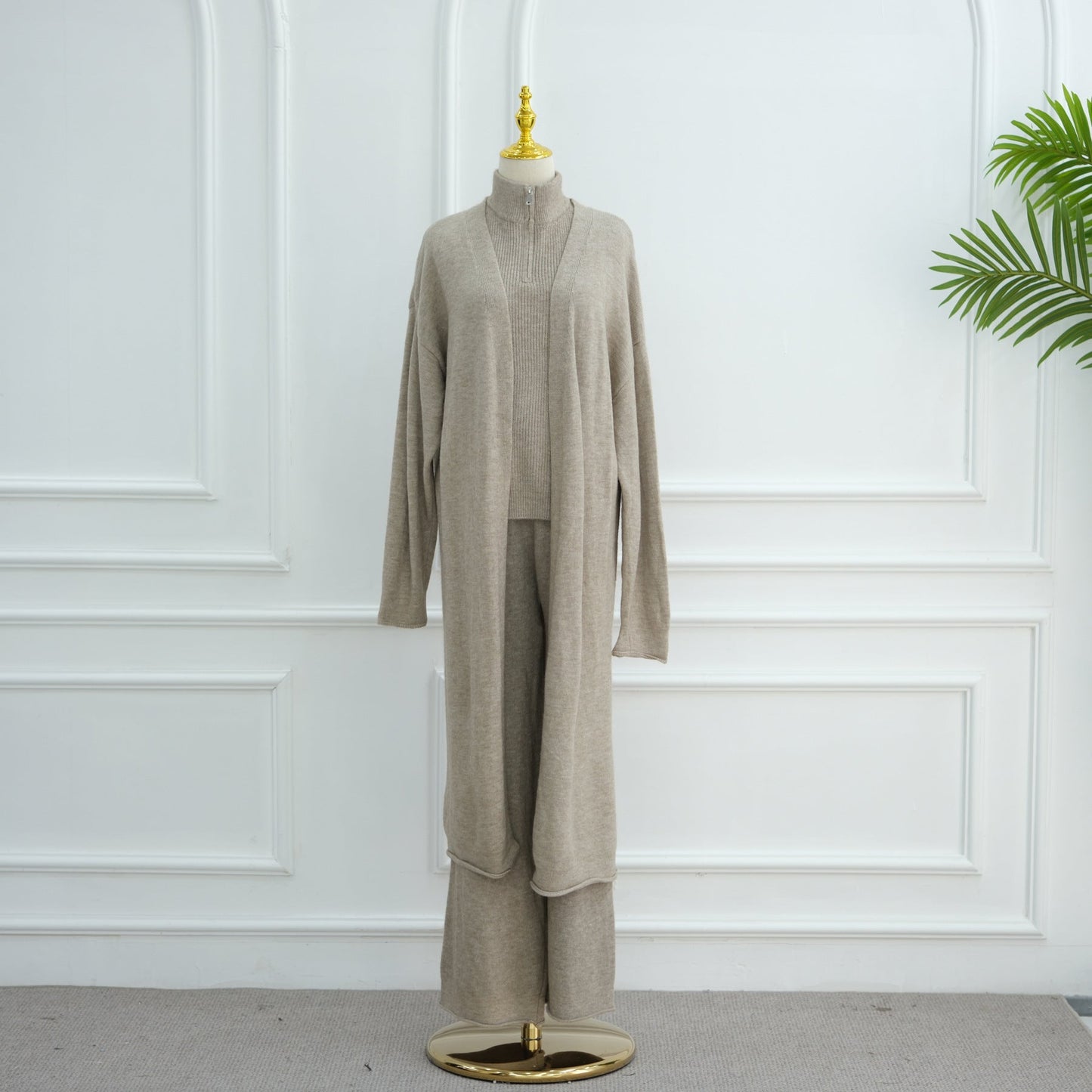 LM6603 Thickened knitted three-piece long coat set (with optional headscarf)