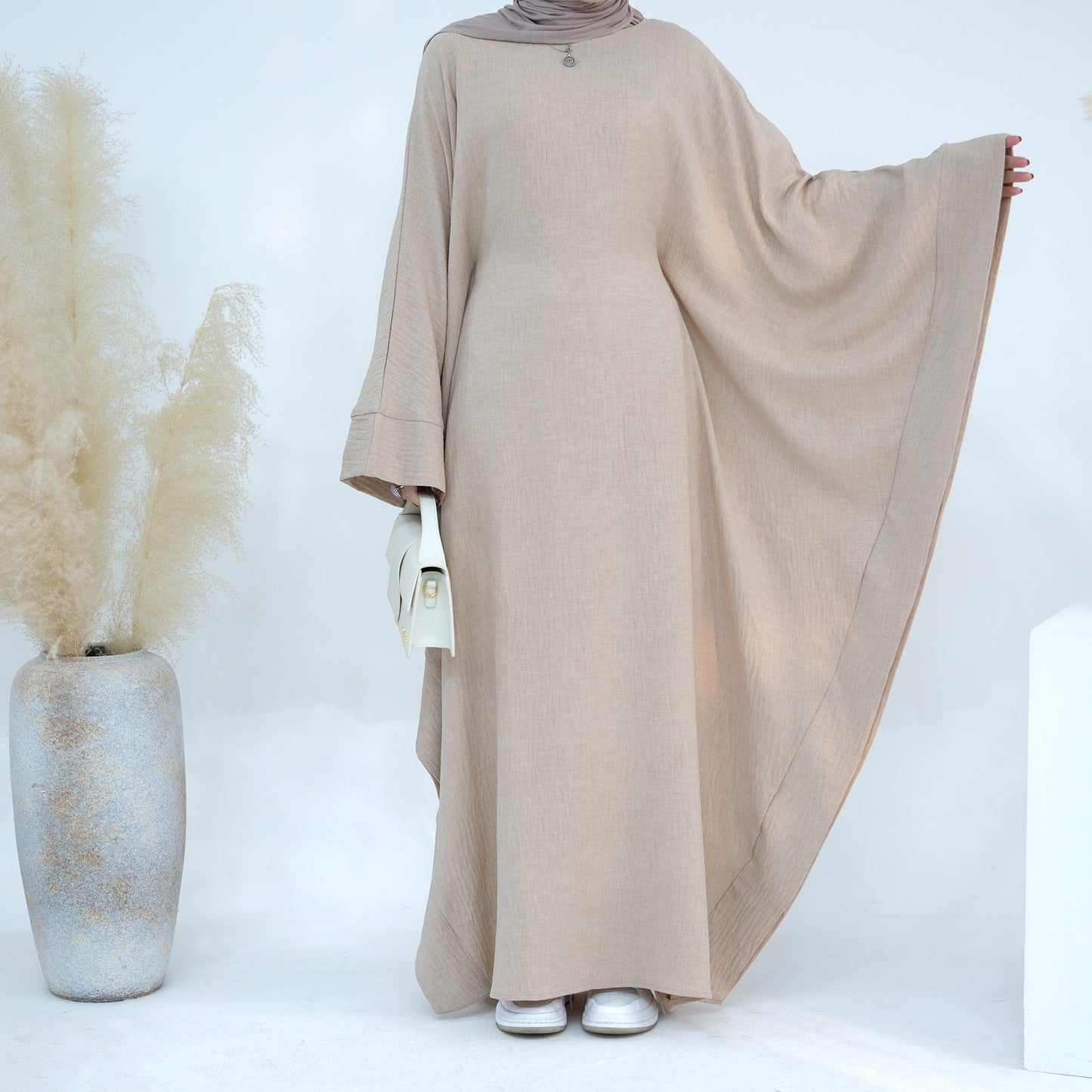 LUMAYA LM1177 Waist Raging Bat Sleeves Dress Crepe Kaftan with Built-in Belt