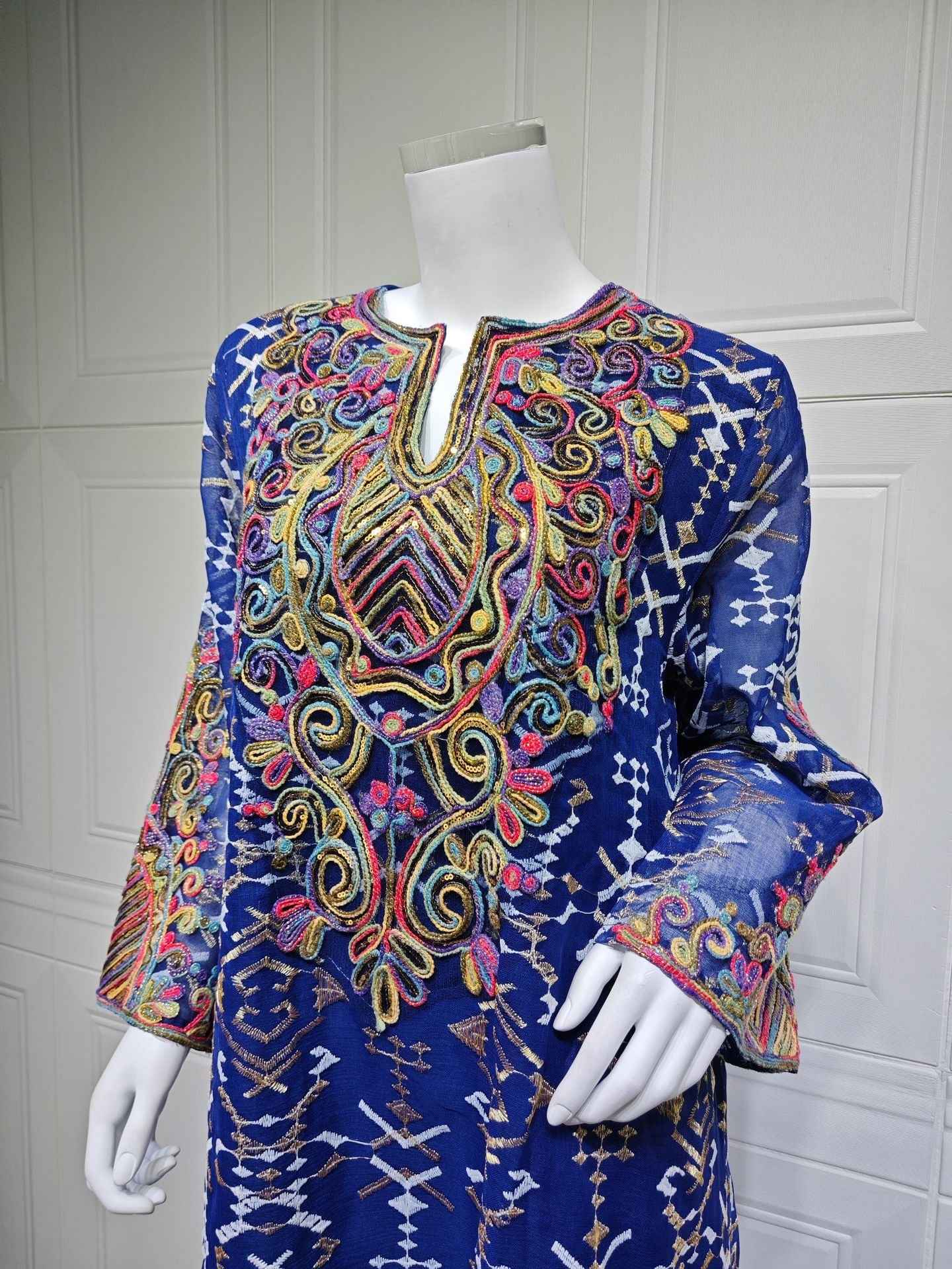 LM6663 Mesh Embroidery Patchwork Long-sleeved Dress, Robe-style Loose Fit
