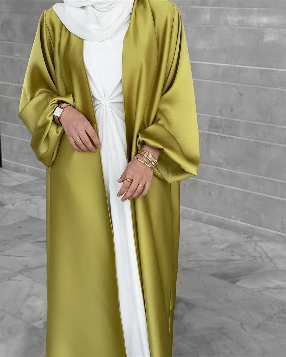 LUMAYA0481 Solid Color Satin Coat Robe Open Abaya