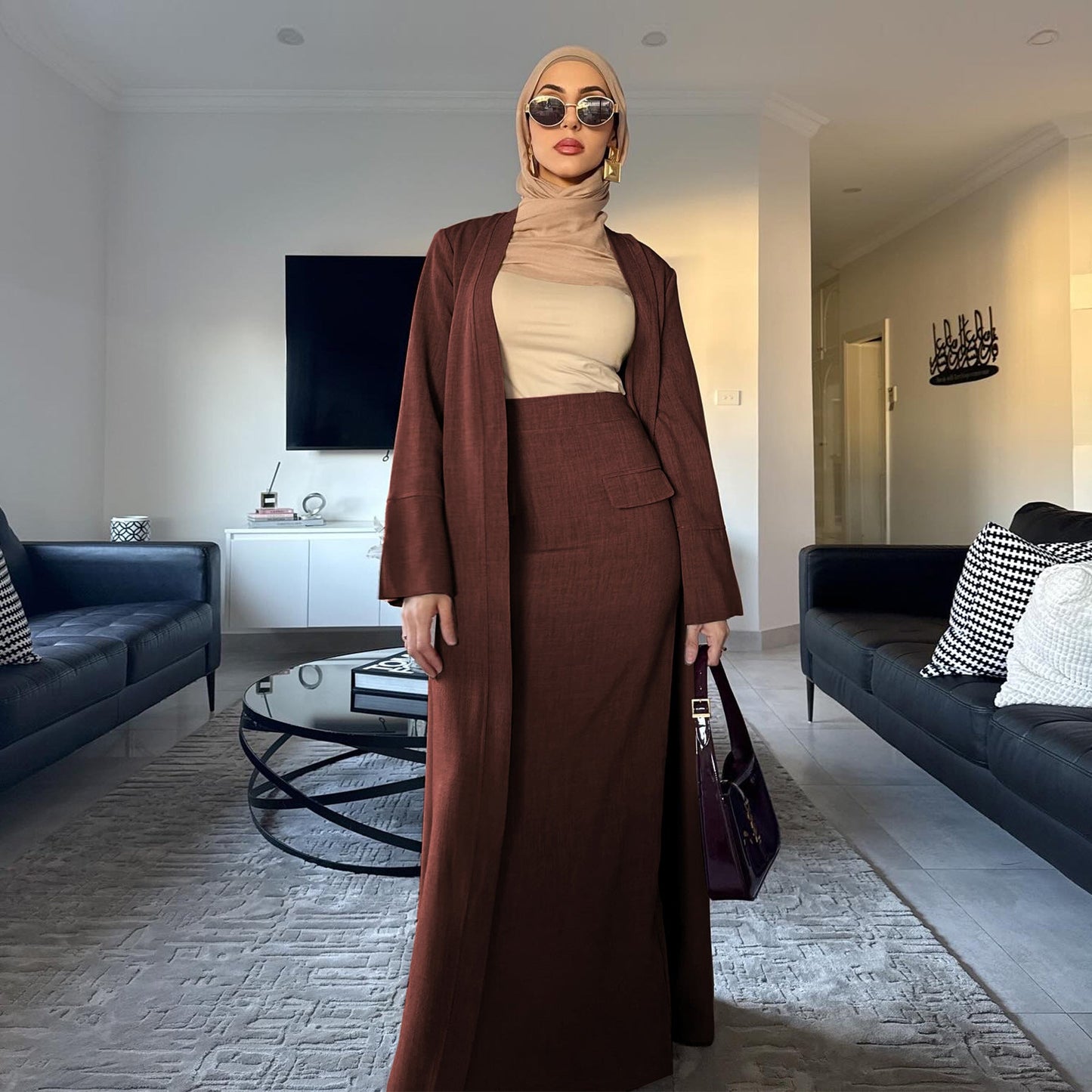 LM6607 Fashion Solid Color Cardigan with Skirt Two-piece Set
