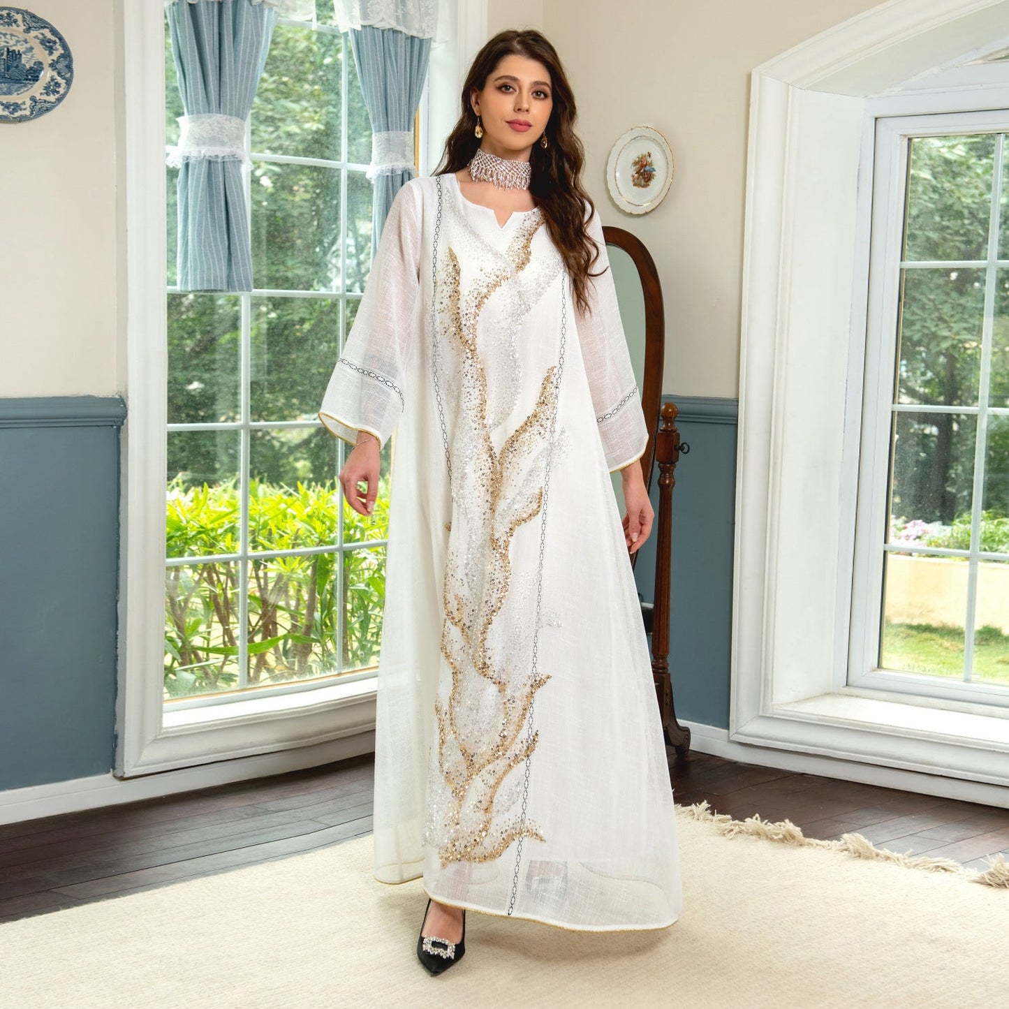 LM6637  Mesh Sequined Embroidered Long Dress