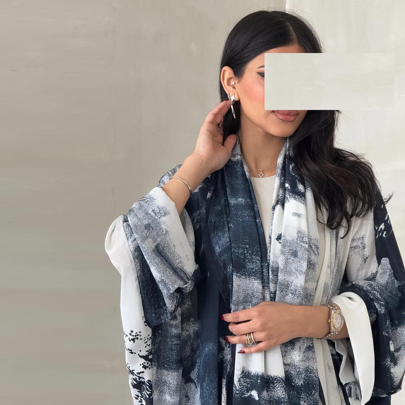 LM6638 Chiffon Printed Cardigan Two-piece Long Coat with Headscarf