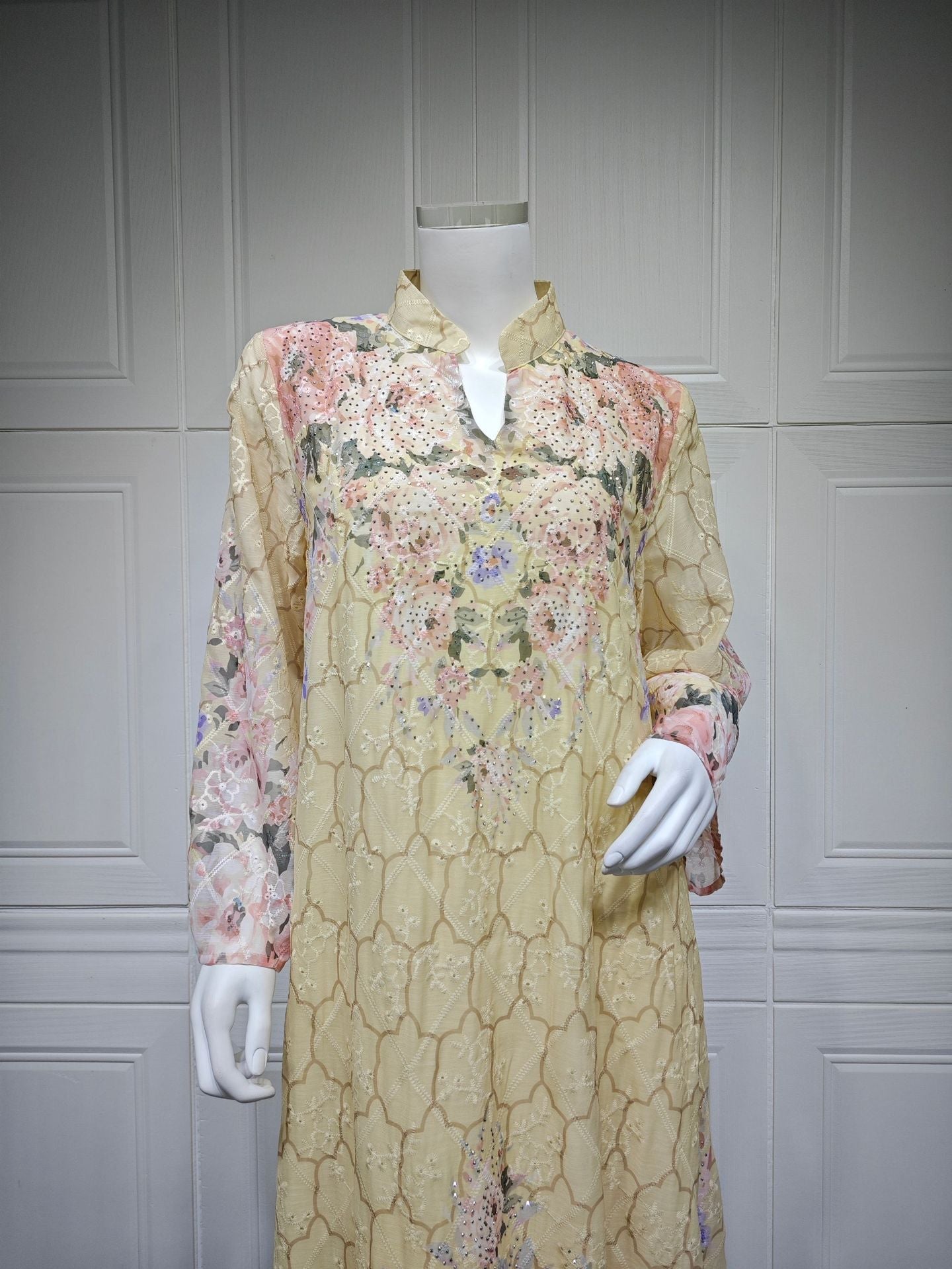 LM6636 Floral Print Embroidered Long Dress