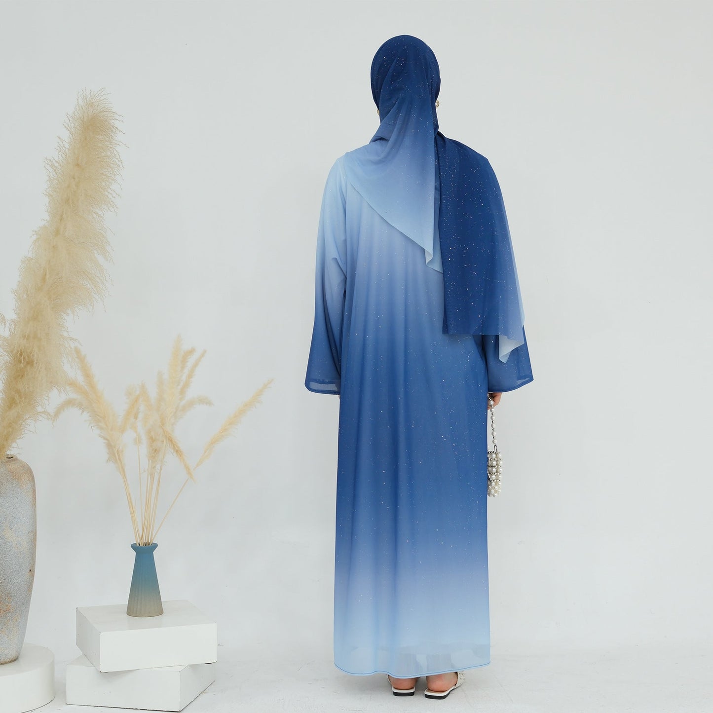 LM6617 Gradient Color Long Cardigan Two-Piece Set (Including Headscarf)