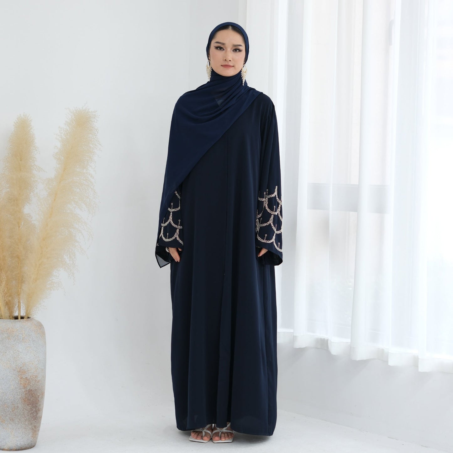 LM6608 Solid Color LMnd-beaded Long Cardigan (headscarf Not Included)